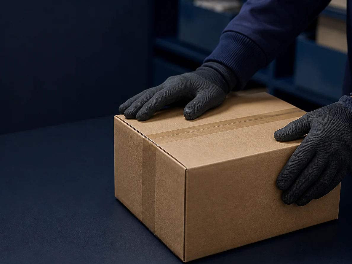 Gloved hands preparing a plain sealed household box