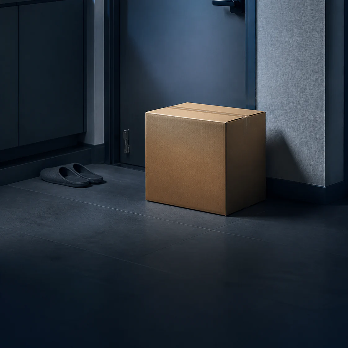 A sealed household parcel prepared beside a Korean home entrance